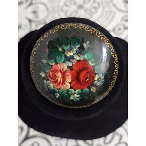 Vintage Hand-Painted Russian Lacquer Floral Folk Brooch Pin Rose Christmas
